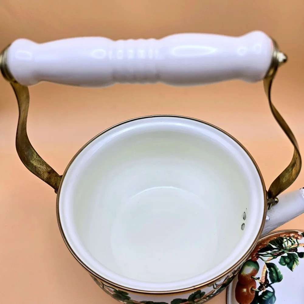 Vintage Enamel Fruit‎ Kettle 2 Quart Tea Pot White Gold Trim Induction Stovetop